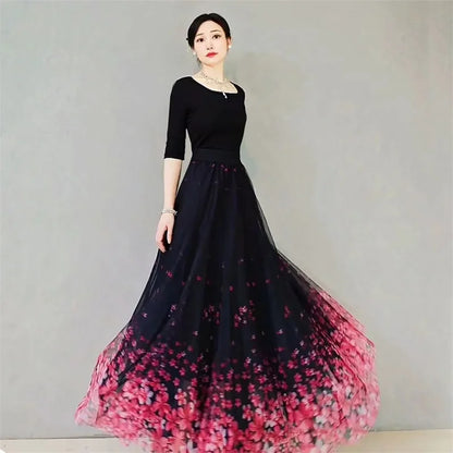 Skirt Women's Long Skirt 2024 New High Waist Slim A-line large Swing Skirt Female A-Line Skirts Summer Sakura Gradient Long Skir