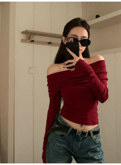 Women Sexy Tops Off Shoulder Long Sleeve Knitted T-shirt Solid Elegant Autumn Winter New Spicy Girl Slim Fit Short Red Crop Top