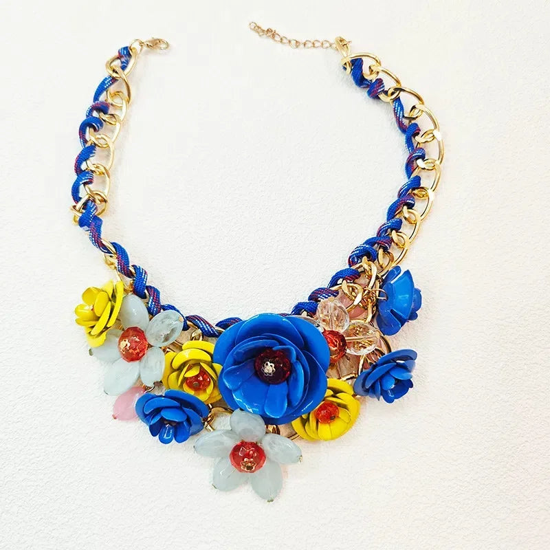 Womens Necklace Colorful Flowers Woven Short Collarbone Chain