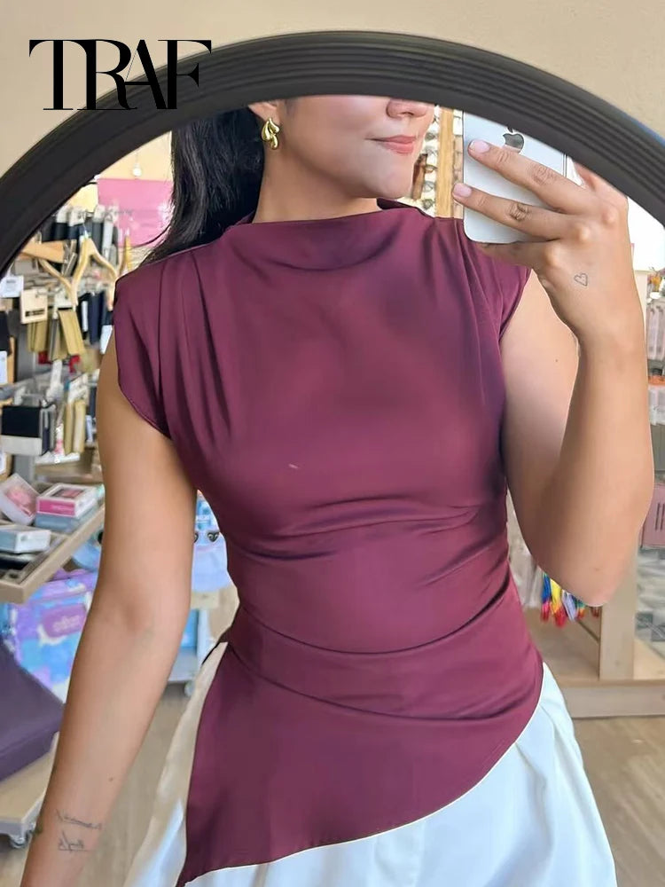 TRAF Ruffled Asymmetric Tops For Women Tanks & Camis Summer 2025 Burgundy Brown Black Tank Tops Ruched O-Neck Sleeveless Vests