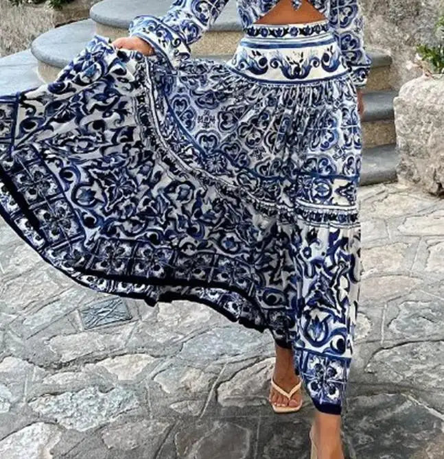 Women's Skirt Set Summer New Fashion Elegant Two-Piece Dress Set Temperament Commuting Long Sleeves Loose Print Skirt Set