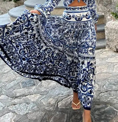 Women's Skirt Set Summer New Fashion Elegant Two-Piece Dress Set Temperament Commuting Long Sleeves Loose Print Skirt Set