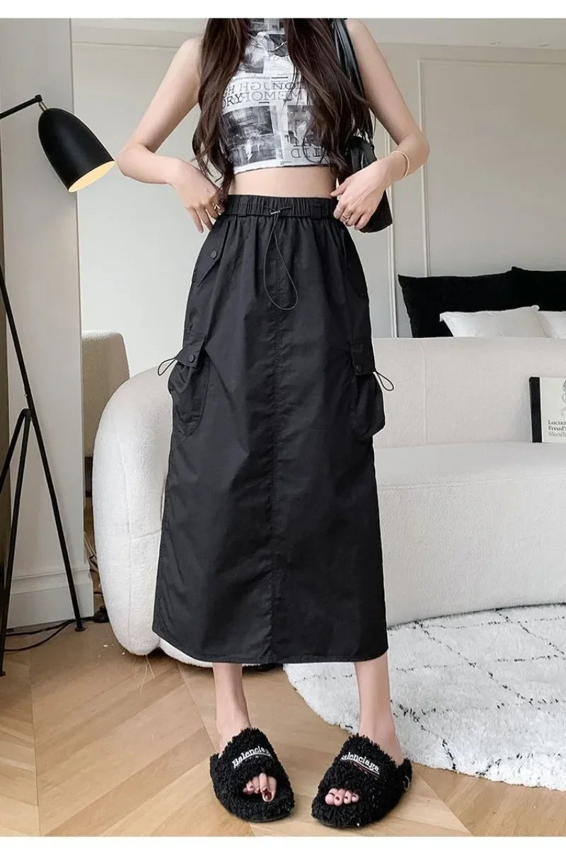 Skirts for Women Spring Summer Drawstring Workwear Half-body Skirt Split Mid-length Skirt Pure Color Package Hip One-Step Skirt
