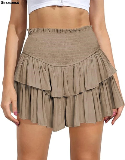 Women's High Waist Ruffle Pleated Mini Skirts Solid Lined Layered Flared Flowy Casual Swing Summer Boho Beach Mini Short Skirt