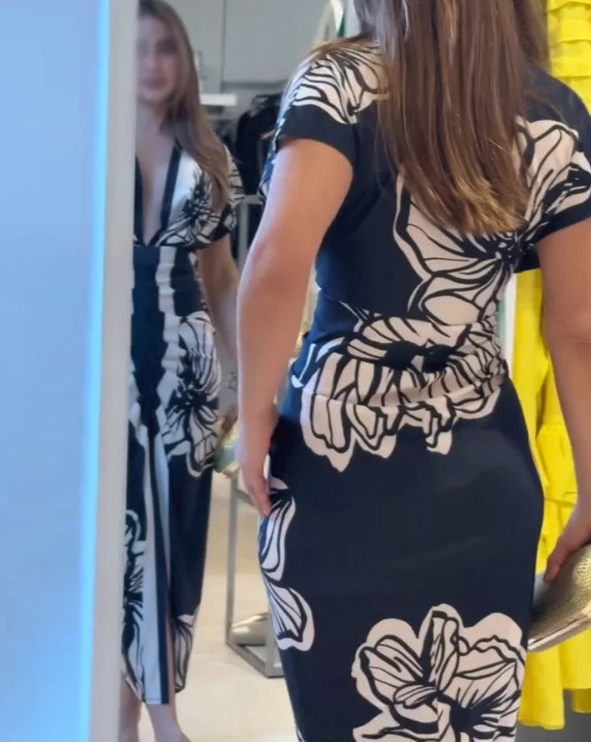 Women Elegant Dresses Temperament Commuting Floral Print V Neck Short Sleeve Ruched Dress Women's Casual Waist Slit Midi Dress