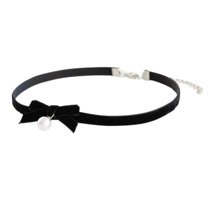 Elegant Bowknot Necklace Pearls Beads Pendant Clavicle Chain Velvets Bows Collarbone Chain Ornament for Women Girls