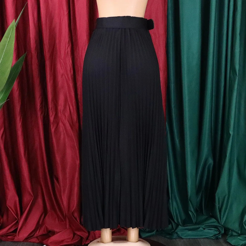 Elegant Pleated Skirts for Woman 2024 New High Waisted Belt Waisted Ankle Length Autumn Winter Wear Bottoms Skirts Clothes Hot
