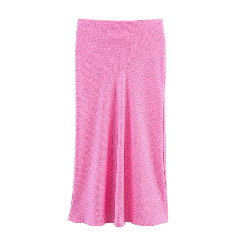 Women's Skirt New Summer 2025 Pink Striped Silk Satin Midi Skirt Fashionable and versatile Elegant personality