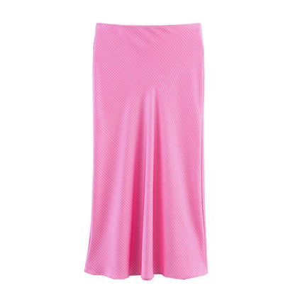 Women's Skirt New Summer 2025 Pink Striped Silk Satin Midi Skirt Fashionable and versatile Elegant personality