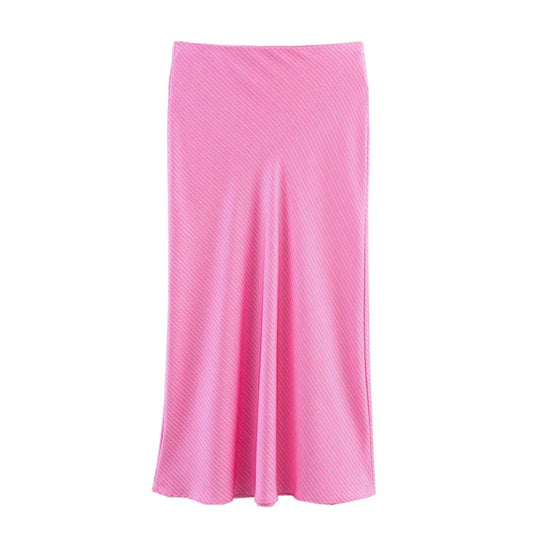 Women's Skirt New Summer 2025 Pink Striped Silk Satin Midi Skirt Fashionable and versatile Elegant personality