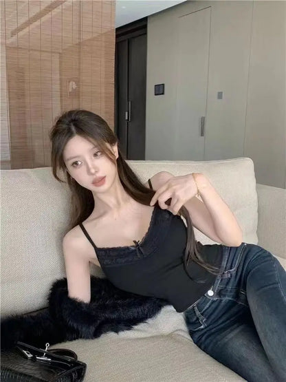 Women Camisole Tank Tops Sexy Bow Sleeveless Corset Top with Chest Pad Sweet Lace Patchwork Crop Tops Summer Slim Elegant Camis