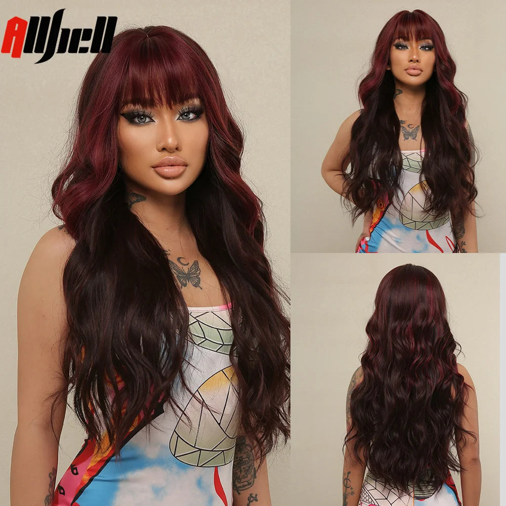 Long Wavy Wine Red Synthetic Wigs Natural Wave Afro Wigs With Bangs for Black Women Cosplay Costume Wig Heat Resistant Fiber