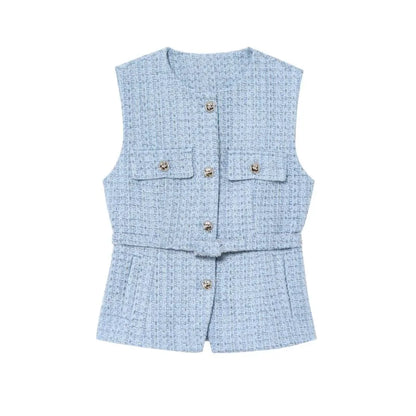 Women's Tweed Waistcoat With Belt, O Neck, Sleeveless, Front Button, Female Outerwear, Chic Tops, Fashion