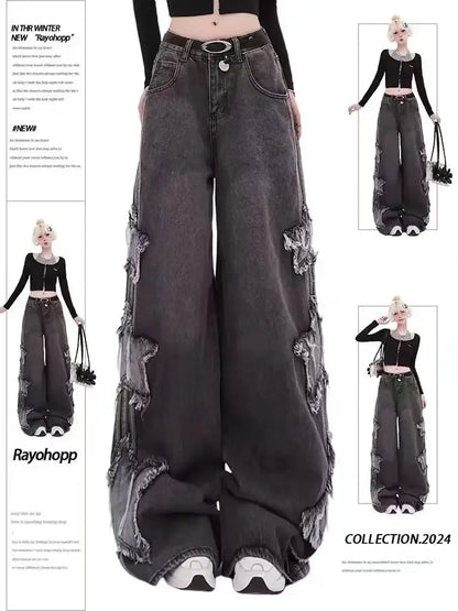 Women Clothing Black Gothic Jeans Pink Cross Y2k Oversize Loose Aesthetic Denim Trousers Harajuku Korean 2000s Jean Trashy Pants