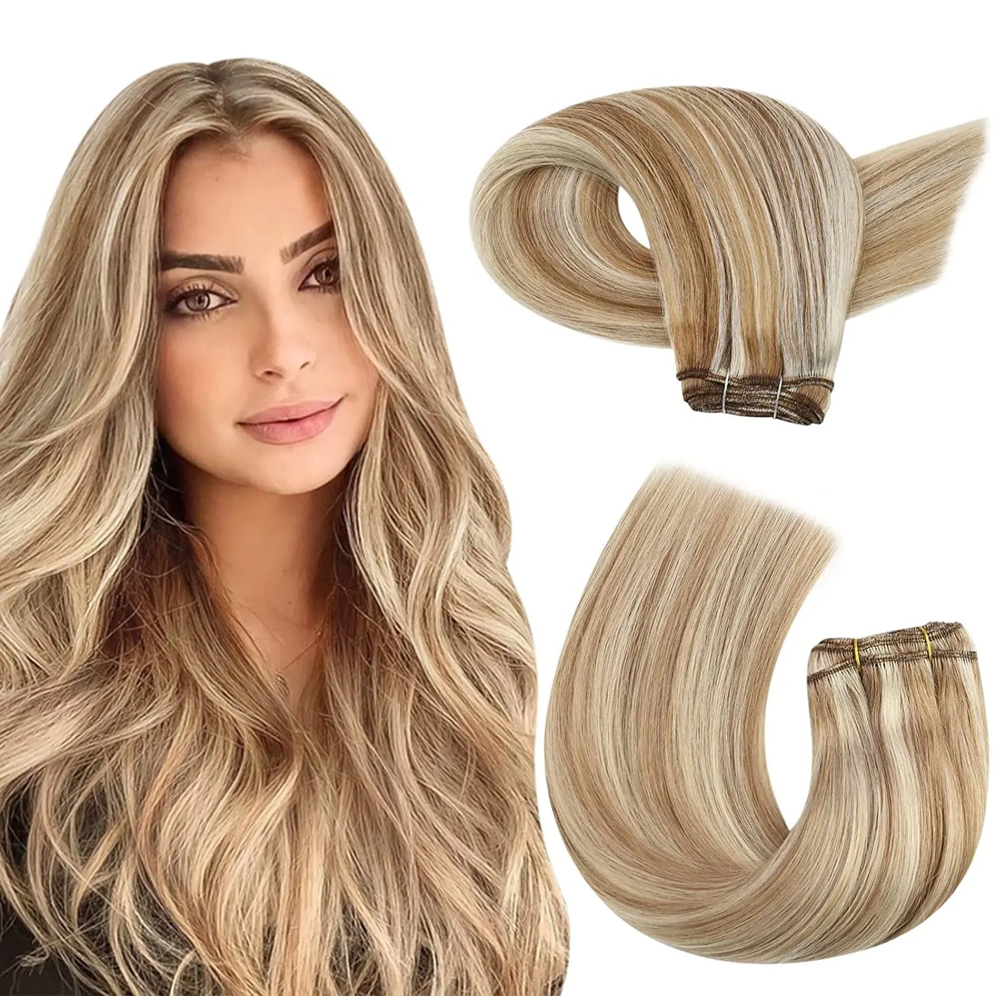 Moresoo Human Hair Bundles Weave in Double Wefted Machine Remy Hair Balayage Hair Pieces for Women Straight Weft Hair Extension