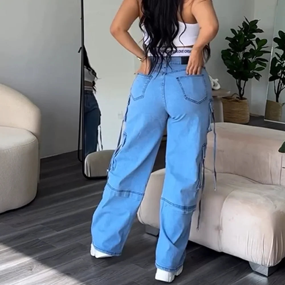 Jeans Women 2024 Fashion Loose Straight Leg Denim Pants Multiple Pockets Streetwear Bagyy Jean Casual Length Trousers Plus Size