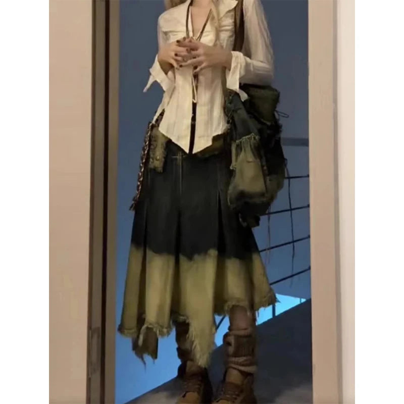 Women Denim Long Skirt Harajuku Y2k 2000s Vintage Skirts 90s Aesthetic Streetwear Fashion Korean Style A-Line Jean Skirt Clothes