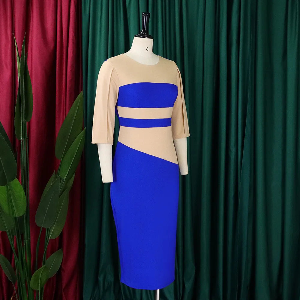 Elegant Church Dresses for Women 2023 New Arrivals Fashion Two Color Patchwork Fitted Ladies Knee Length Formal African Dress