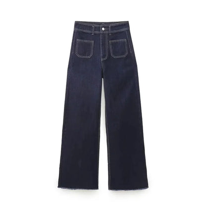 Casual Women's High Waist Straight-leg Jeans Pants Fashion All-match Full Length Denim Pants Pocket Zipper Jean Trousers