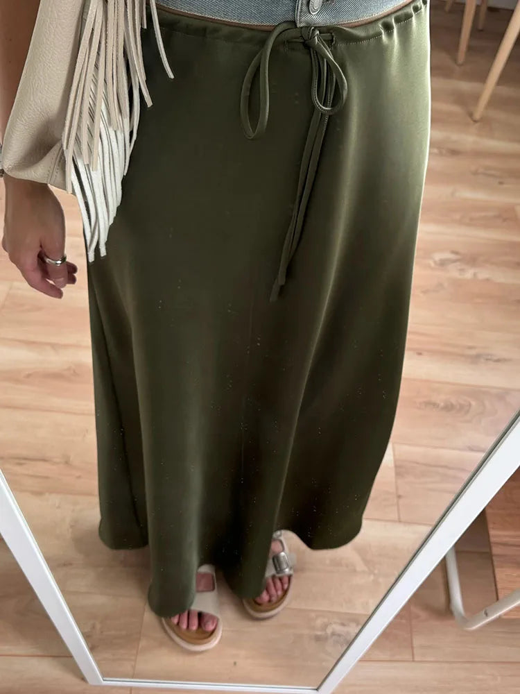 Long Black Satin Skirts Women For Work Summer Autumn Straight Brown Skirt Long Belt Coffee Formal Silk Maxi Skirt For Ladies