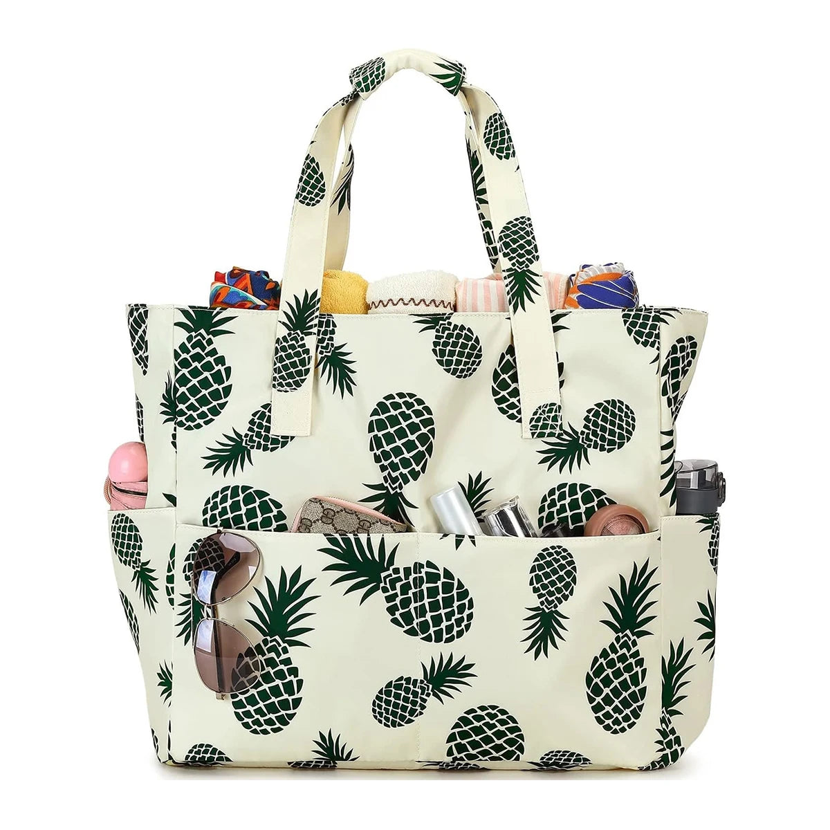 Beach Tote Bag Women，Foldable Travel Bag with Anti-Sand Pocket Lightweight Storage Bag for Gym/Shopping Packable in Carry-On