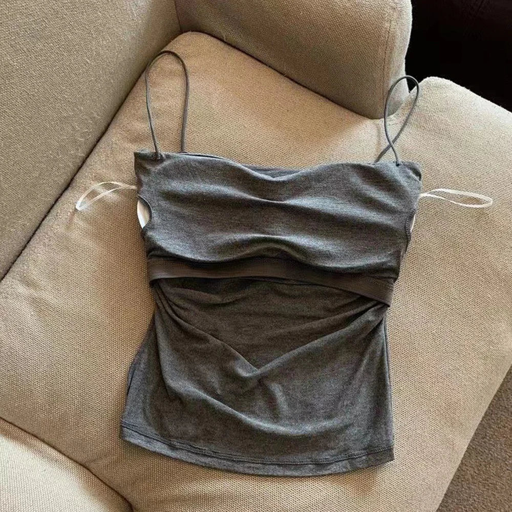 Sleeveless Tees Tank Tops For Women Camisole Vest Cropped Top Slim Fit Solid Color Spaghetti Strap Built In Bra Women Clothes