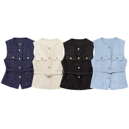 Women's Tweed Waistcoat With Belt, O Neck, Sleeveless, Front Button, Female Outerwear, Chic Tops, Fashion