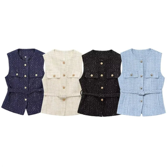 Women's Tweed Waistcoat With Belt, O Neck, Sleeveless, Front Button, Female Outerwear, Chic Tops, Fashion