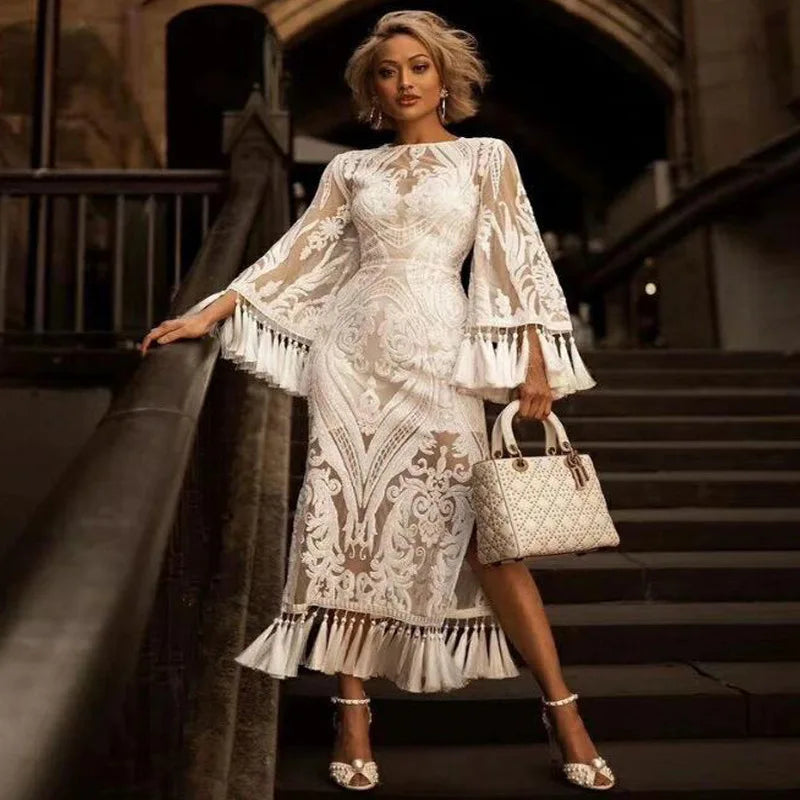 Elegant Long Dresses for Women Banquet Evening Dress Lace Embroidery Fringe Sexy Dress Vintage Wedding Party Prom Robe Vestidos