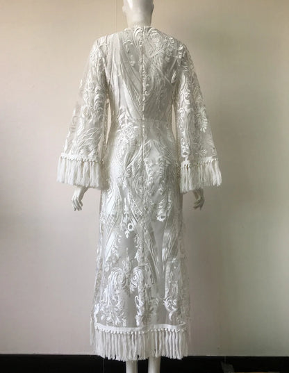 Elegant Long Dresses for Women Banquet Evening Dress Lace Embroidery Fringe Sexy Dress Vintage Wedding Party Prom Robe Vestidos