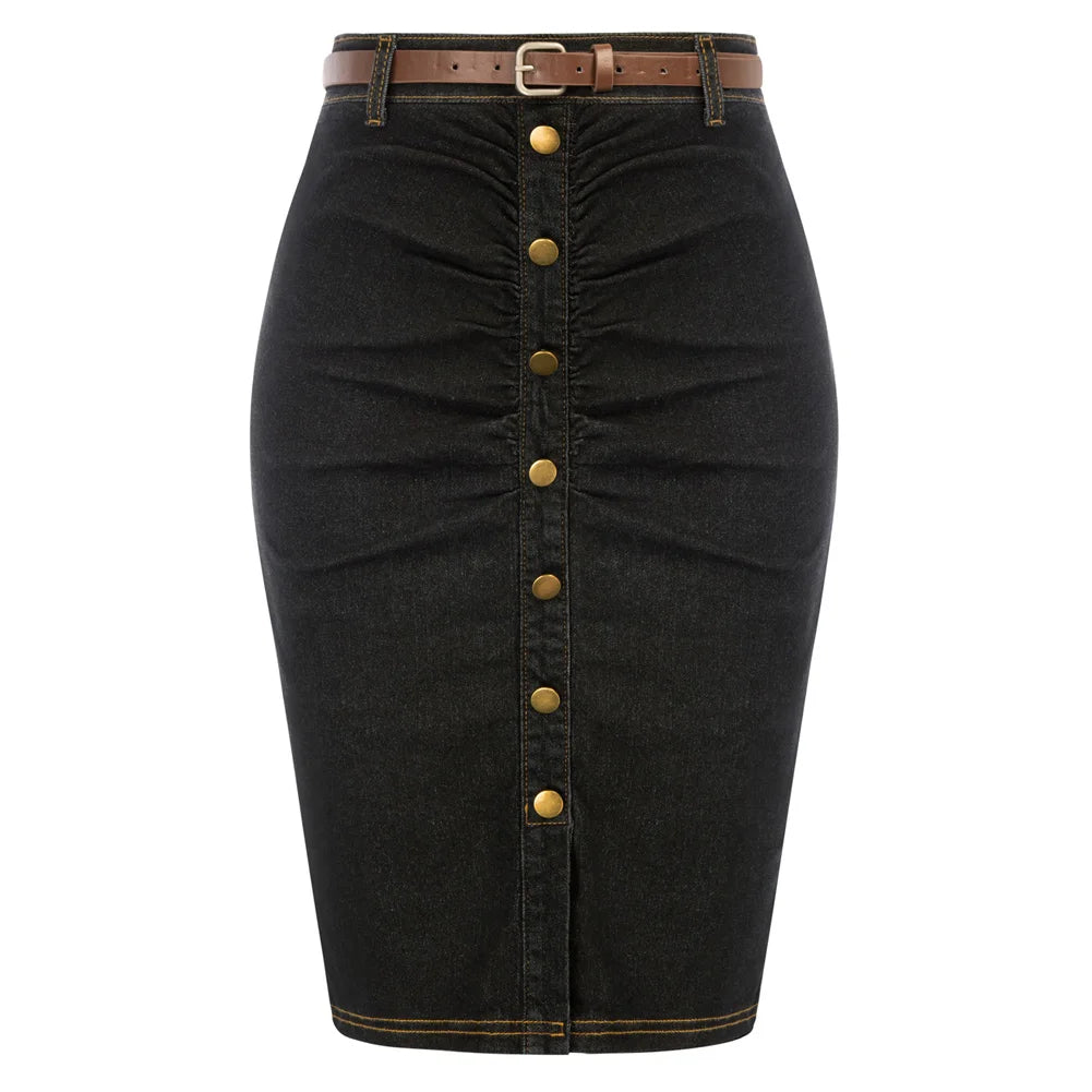 BP Women Vintage Jean Skirt With Belt High Waist Ruched Front Bodycon Skirt