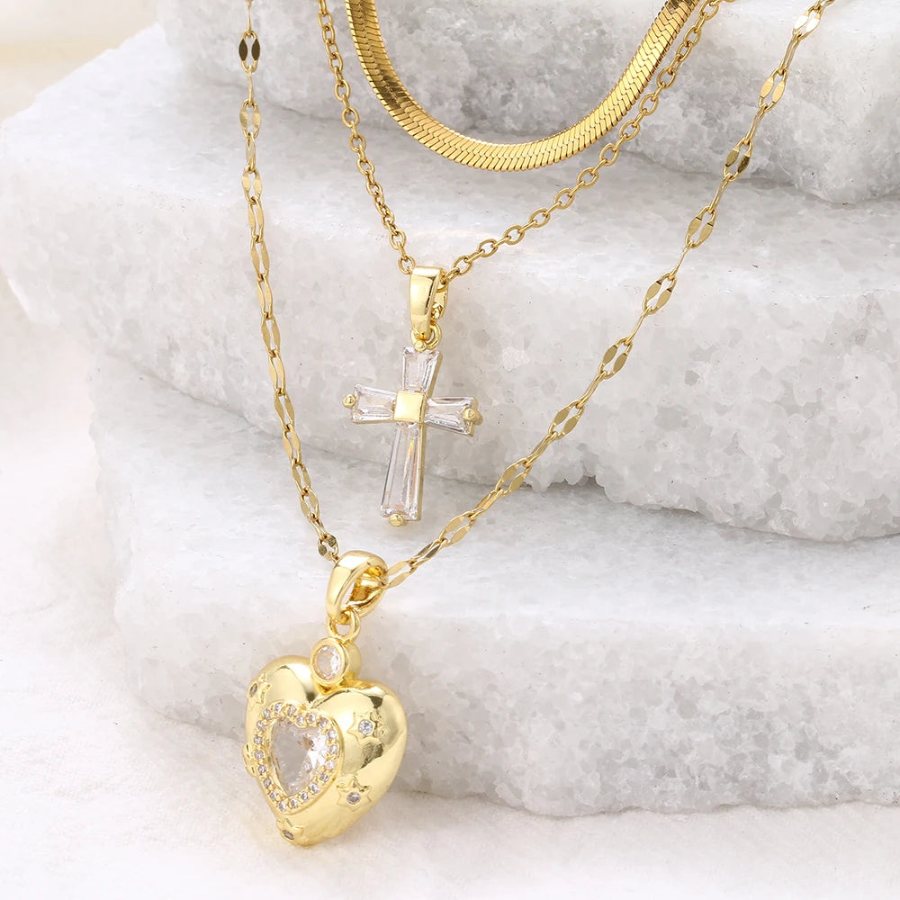 Women's High-End Heart-Shaped Necklace with Zircon Cross Pendant Stainless Steel Collarbone Chain Fashionable Jewelry