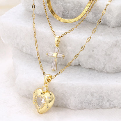 Women's High-End Heart-Shaped Necklace with Zircon Cross Pendant Stainless Steel Collarbone Chain Fashionable Jewelry