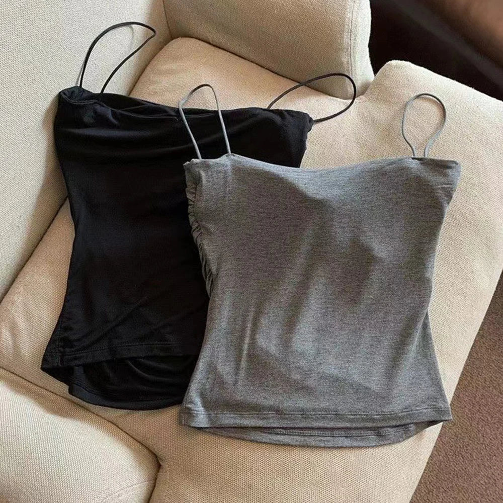 Sleeveless Tees Tank Tops For Women Camisole Vest Cropped Top Slim Fit Solid Color Spaghetti Strap Built In Bra Women Clothes