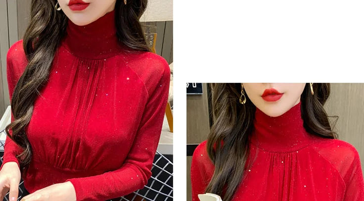 Tops Woman Autumn Winter Red Long Sleeve T Shirt for Women Rhinestone Turtleneck Glitter Sequin Cheap Clothes Elegant Clearance