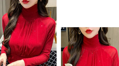 Tops Woman Autumn Winter Red Long Sleeve T Shirt for Women Rhinestone Turtleneck Glitter Sequin Cheap Clothes Elegant Clearance