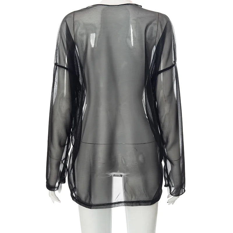 See Through T Shirts For Women Y2k Clothes Sexy Crop Tops Long Sleeve Oversized Tshirt O-Neck Club Outfit Reflective Egirl Tees