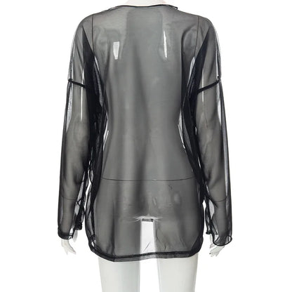 See Through T Shirts For Women Y2k Clothes Sexy Crop Tops Long Sleeve Oversized Tshirt O-Neck Club Outfit Reflective Egirl Tees