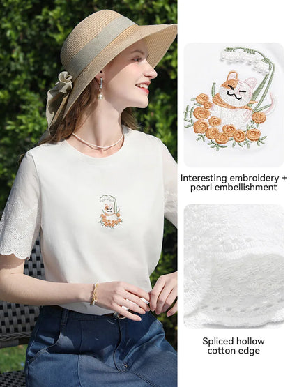 I BELIEVE YOU Top For Women 2025 New Summer T-shirt White O-Neck Studded Beads Embroidery Splicing Commuting T-shirt 2252016014