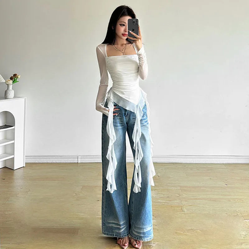 Sexy Women's Tops Fashion White Black Irregular Ribbon T-shirts for Women Long Sleeve Ruffles Slim Punk Tops Female Clothing Y2k