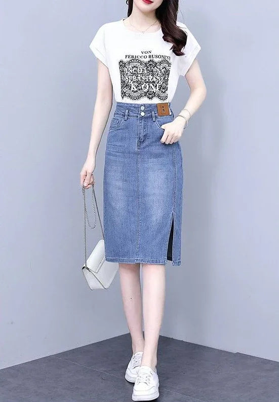 Jeans Skirts for Women Woman Denim Skirt High Waist Midi Maxi Long with Pocket Slit Chubby Modest Quality Luxury Elegant Stylish