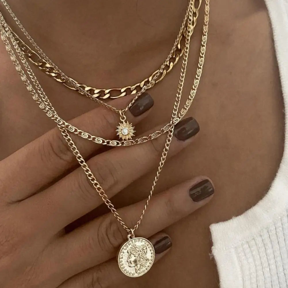 Women Necklace Multi-layered Coin Pendant Punk Style Necklace Hollow Chain Adjustable Length Hip Hop Club Party Neck Jewelry