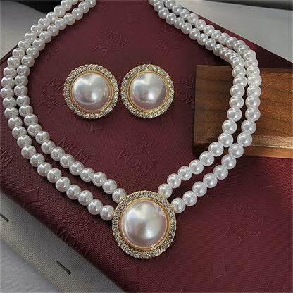 Women Elegant Pearl Double Layers Necklace Earrings Exquisite Vintage Classic Chains For Lady Party Wedding Retro Jewelry Choker