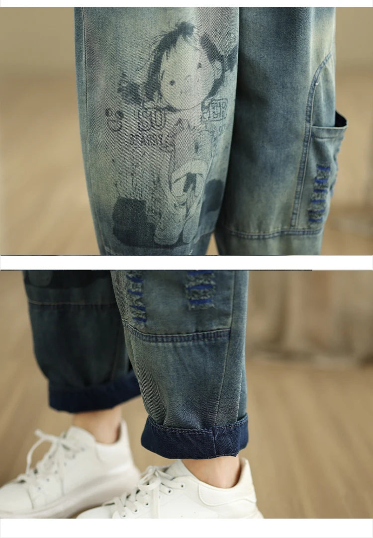 Oversized Jeans Spring Summer Pant Women Elastic High Waist Fashion Print Ladies Trousers Loose Woman Harem Pants