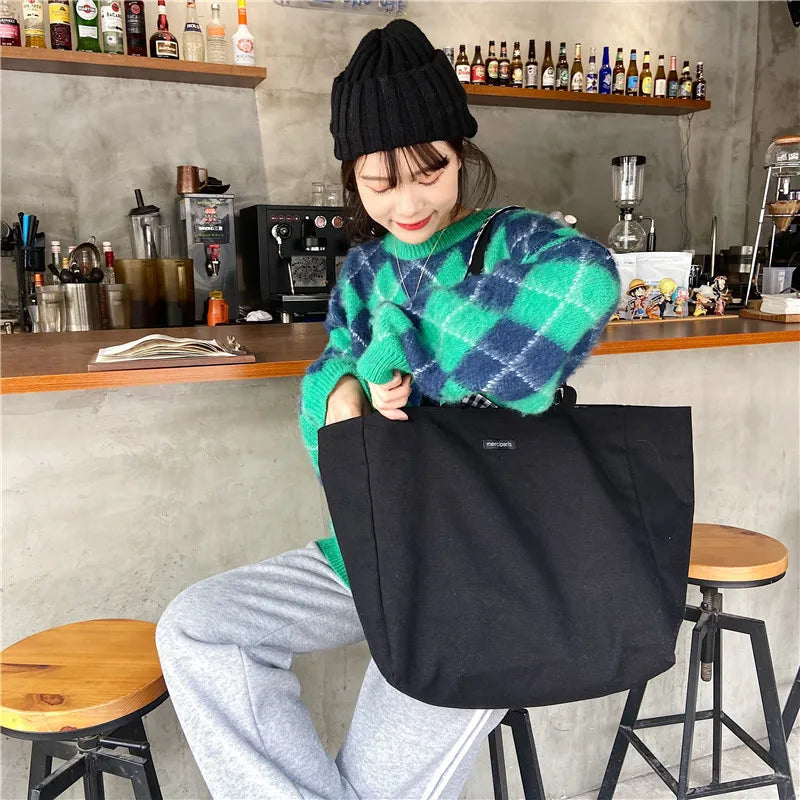 Women Canvas Shoulder Bags Plaid Double-side Large Capacity Handbags Female Shopping Portable Lazy All-match Foldable Tote Bag