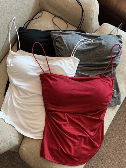 Sleeveless Tees Tank Tops For Women Camisole Vest Cropped Top Slim Fit Solid Color Spaghetti Strap Built In Bra Women Clothes