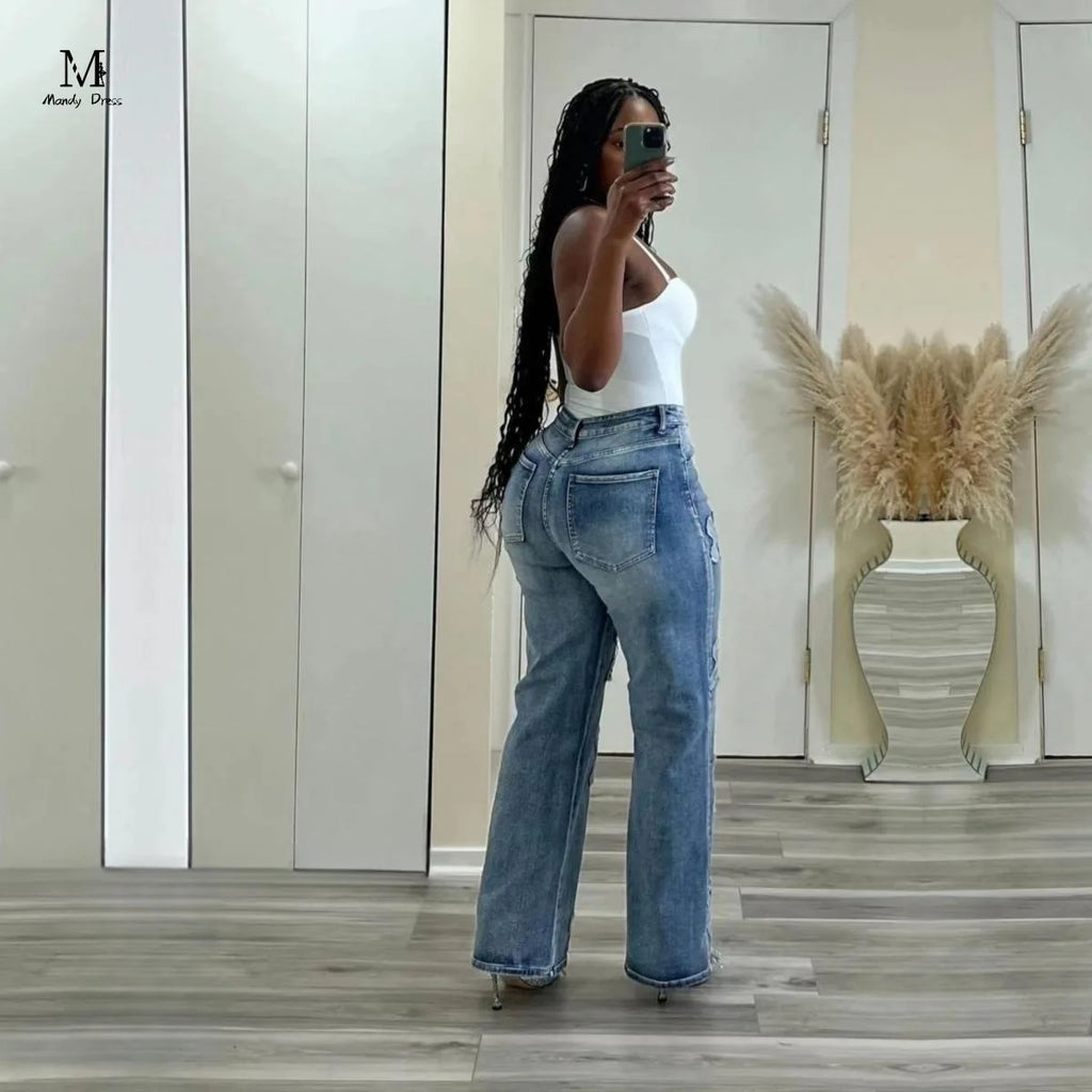 Fashion Women Cotton Jeans High Waist Vintage Wash Denim Tassels Cross Trousers Y2K Streetwear Straight Leg Pants 2024