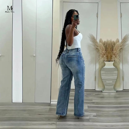 Fashion Women Cotton Jeans High Waist Vintage Wash Denim Tassels Cross Trousers Y2K Streetwear Straight Leg Pants 2024
