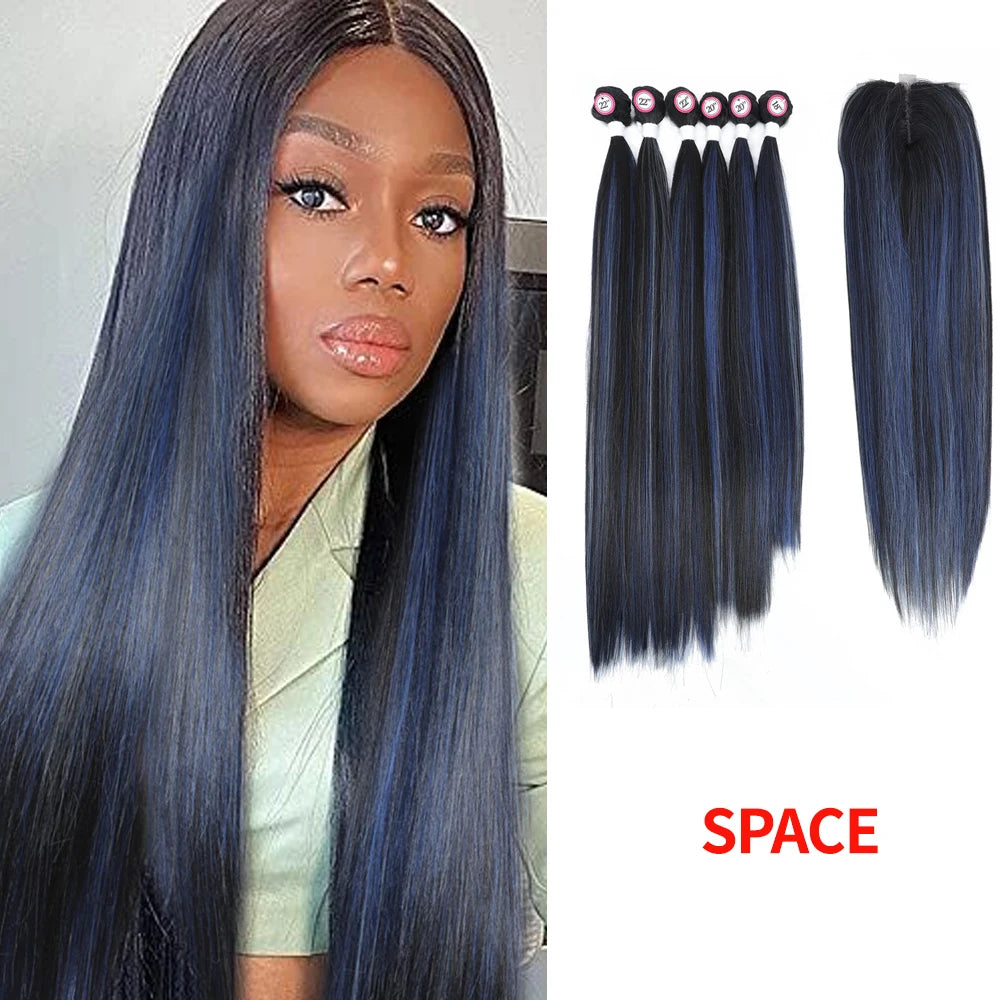 Synthetic Hair Weaving Bundles with 4*4 Clousure Lace Frontal Ombre Wig Natural Wave Straight Hair Extensions Soku Hair Weave