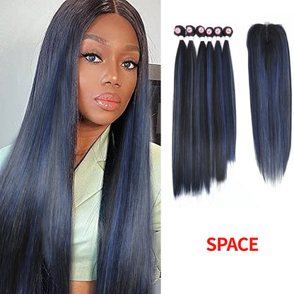 Synthetic Hair Weaving Bundles with 4*4 Clousure Lace Frontal Ombre Wig Natural Wave Straight Hair Extensions Soku Hair Weave